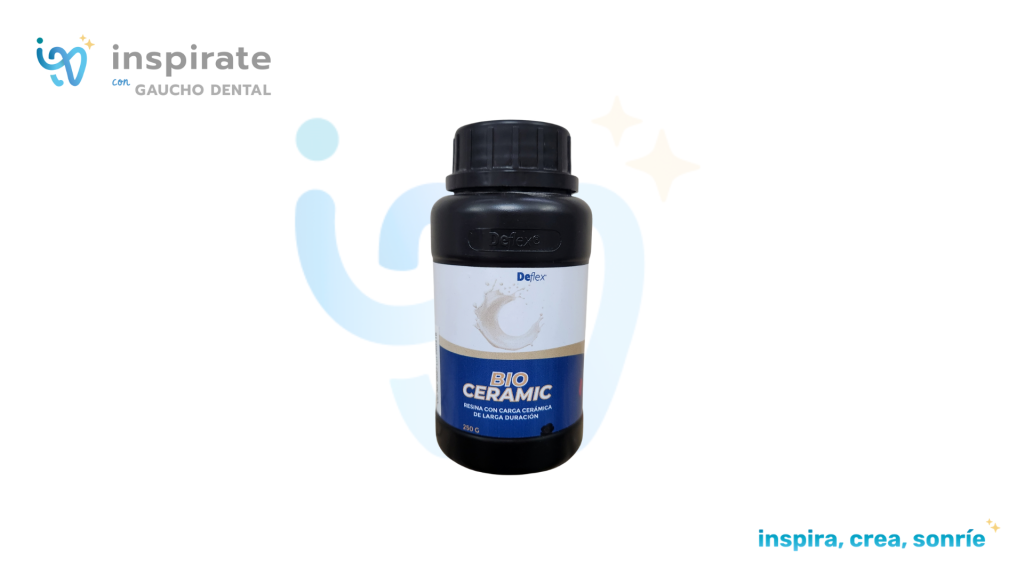 Resina Deflex Bio-Ceramic de 250 g en su nuevo envase, sobre placa de Inspírate con Gaucho Dental